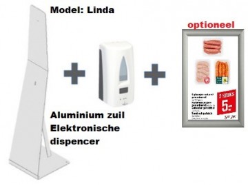Desinfectiezuil linda vervaardig uit aluminium met elektronische contacloze dispenser met 1000ml hervulbaar reservoir en klikbord