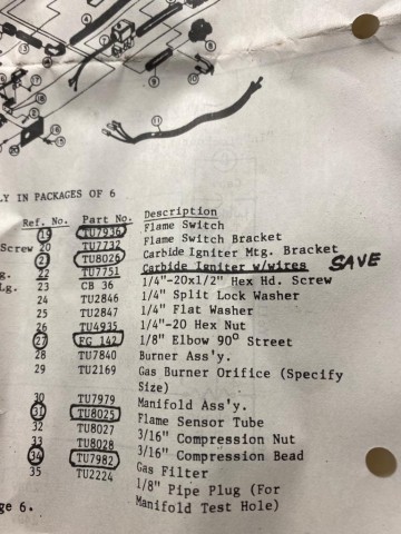 K982 list of parts in set  cissell pantex